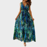 Women's Sleeveless V Neck Tropical Print Maxi Dress – Flowing Summer Beach Dress