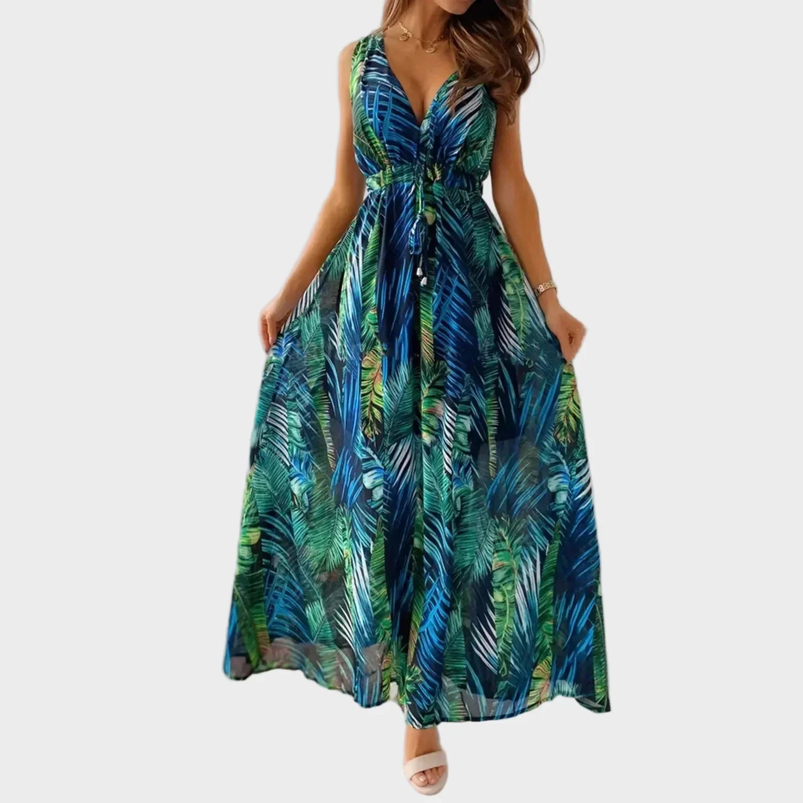 Women's Sleeveless V Neck Tropical Print Maxi Dress – Flowing Summer Beach Dress