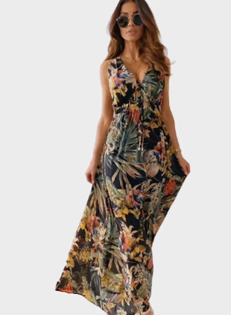 Women's Sleeveless V Neck Tropical Print Maxi Dress – Flowing Summer Beach Dress