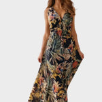 Women's Sleeveless V Neck Tropical Print Maxi Dress – Flowing Summer Beach Dress