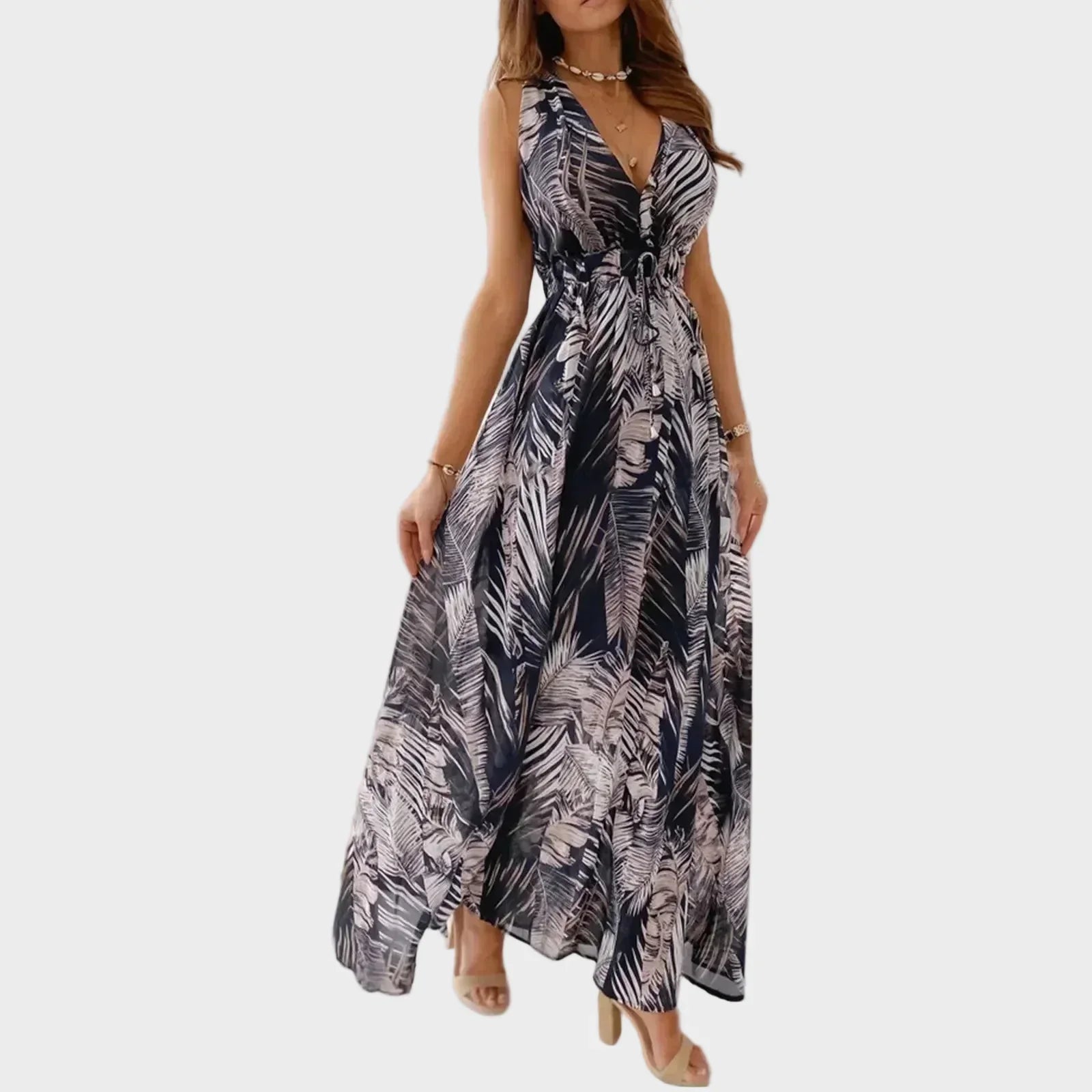 Women's Sleeveless V Neck Tropical Print Maxi Dress – Flowing Summer Beach Dress