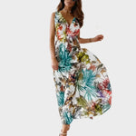 Women's Sleeveless V Neck Tropical Print Maxi Dress – Flowing Summer Beach Dress