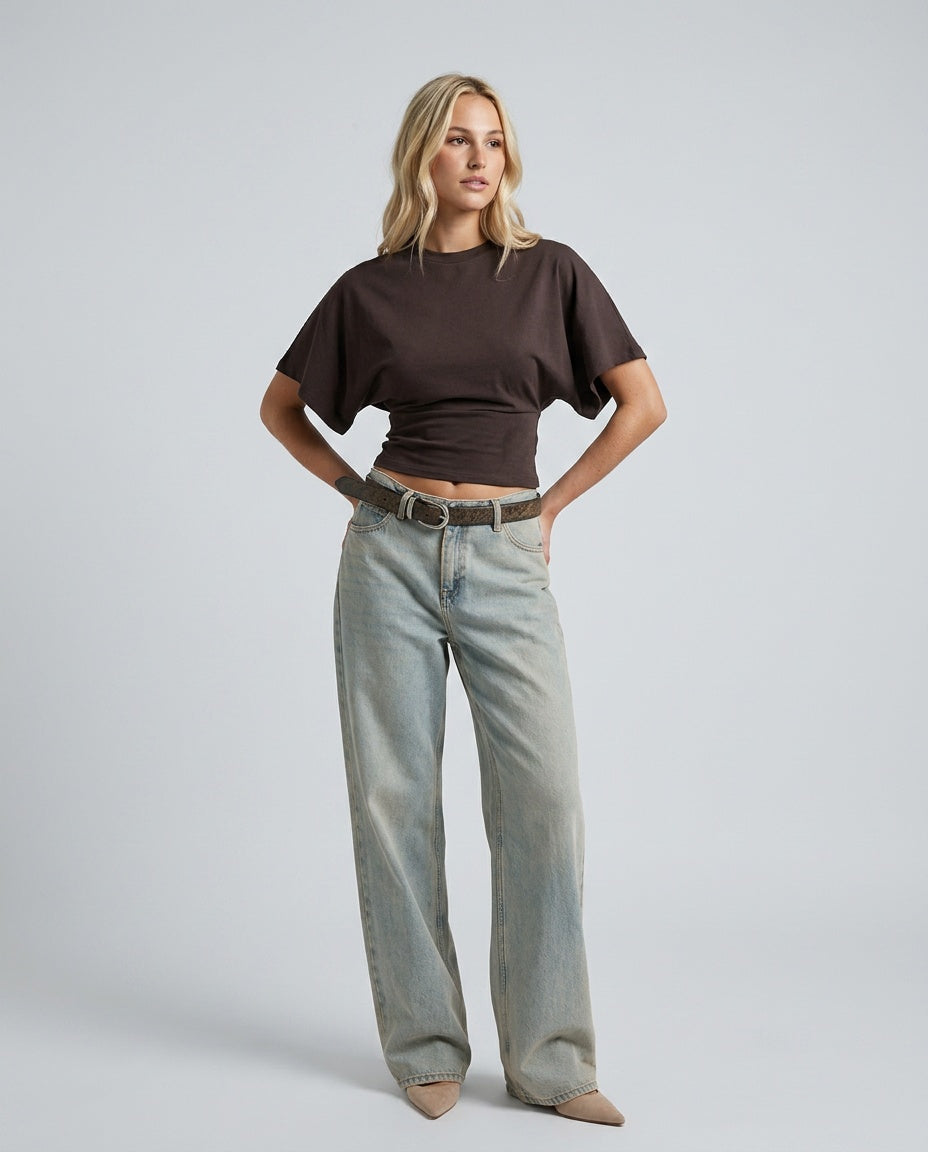 Women's Cropped Ruched Top with Wide Short Sleeves – Round-Neck Relaxed Summer Top