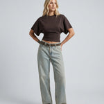Women's Cropped Ruched Top with Wide Short Sleeves – Round-Neck Relaxed Summer Top