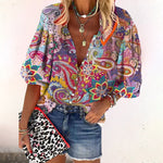 Women's Floral Print V-Neck Boho Blouse with Flared Sleeves – Relaxed Summer Top