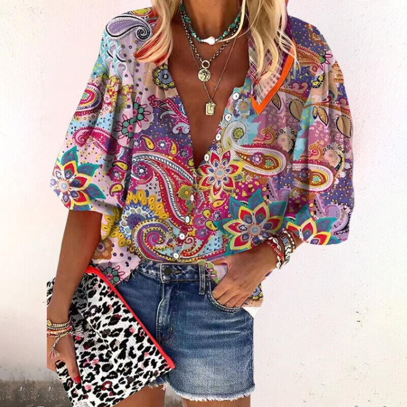Women's Floral Print V-Neck Boho Blouse with Flared Sleeves – Relaxed Summer Top