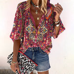 Women's Floral Print V-Neck Boho Blouse with Flared Sleeves – Relaxed Summer Top