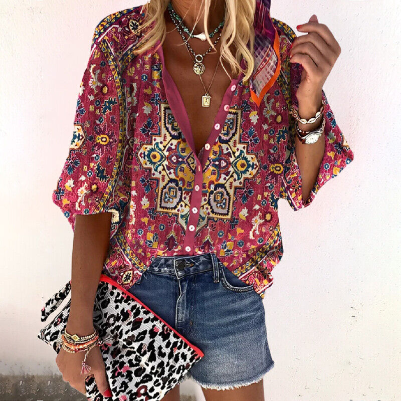 Women's Floral Print V-Neck Boho Blouse with Flared Sleeves – Relaxed Summer Top