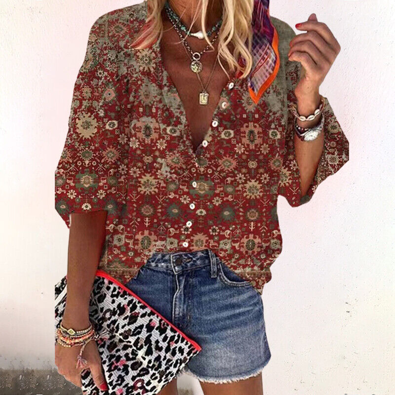 Women's Floral Print V-Neck Boho Blouse with Flared Sleeves – Relaxed Summer Top
