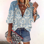 Women's Floral Print V-Neck Boho Blouse with Flared Sleeves – Relaxed Summer Top