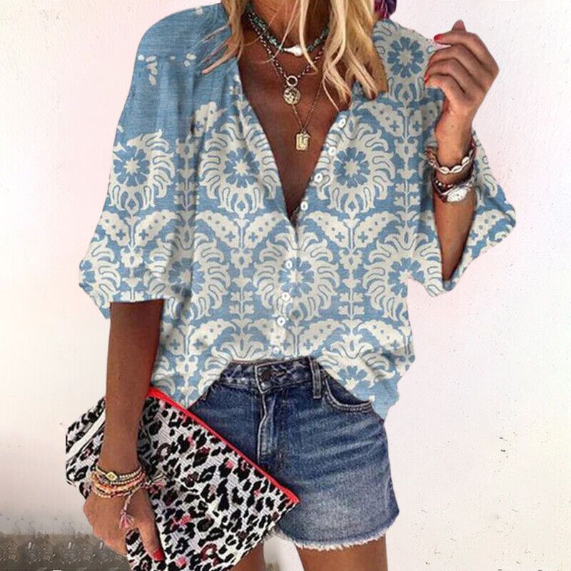 Women's Floral Print V-Neck Boho Blouse with Flared Sleeves – Relaxed Summer Top