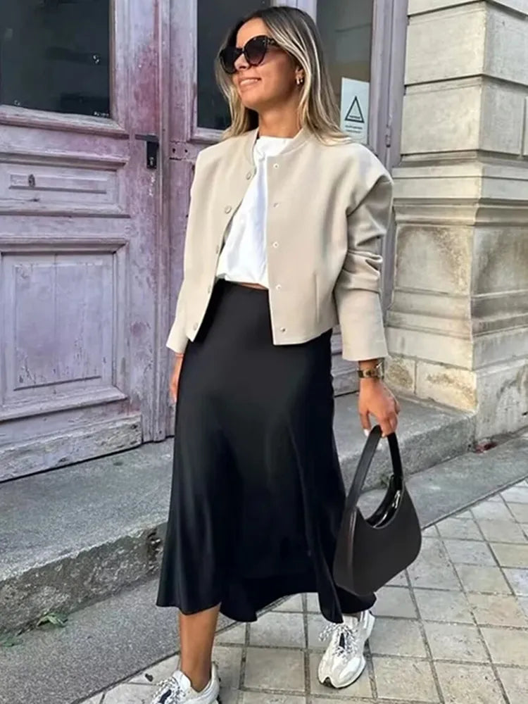 Women's Satin Midi Skirt with Flowing Fit – Elegant Skirt for Work, Brunch & Events