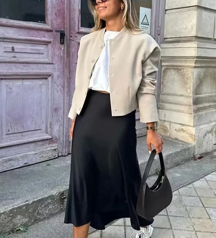 Women's Satin Midi Skirt with Flowing Fit – Elegant Skirt for Work, Brunch & Events