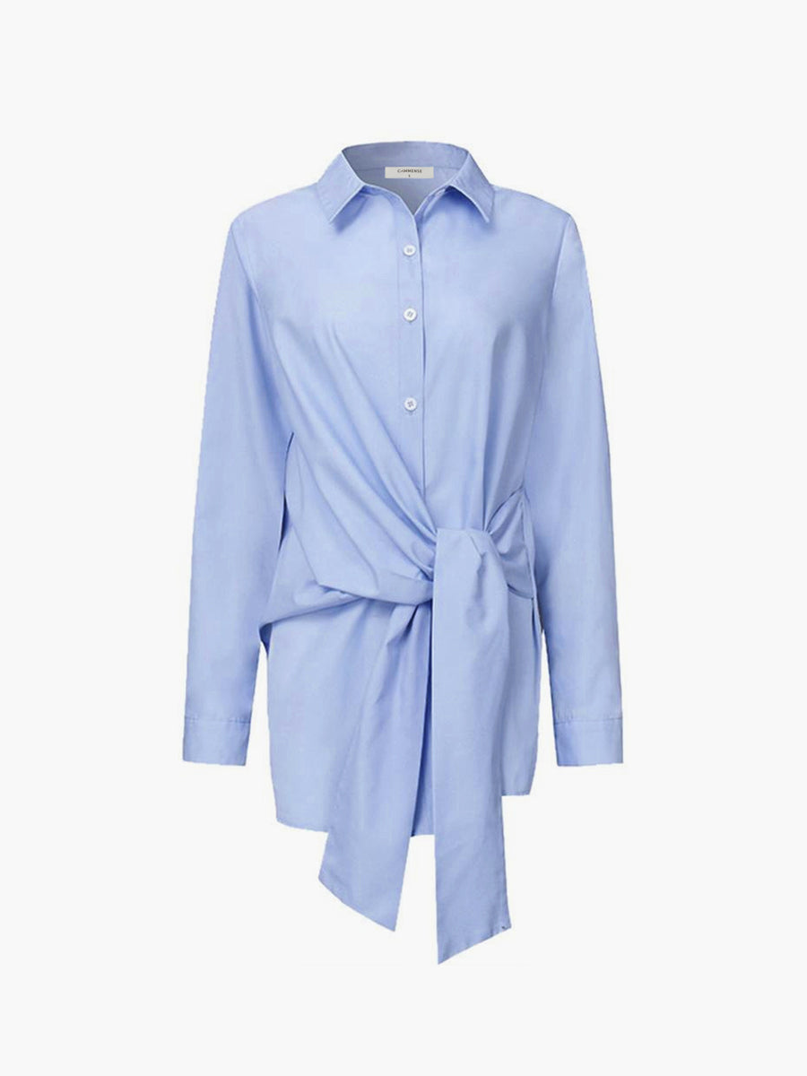 Women's Long Blouse with Knot Waist & Long Sleeves – Elegant Tunic Top for Work & Smart Casual