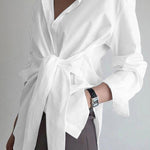 Women's Long Blouse with Knot Waist & Long Sleeves – Elegant Tunic Top for Work & Smart Casual