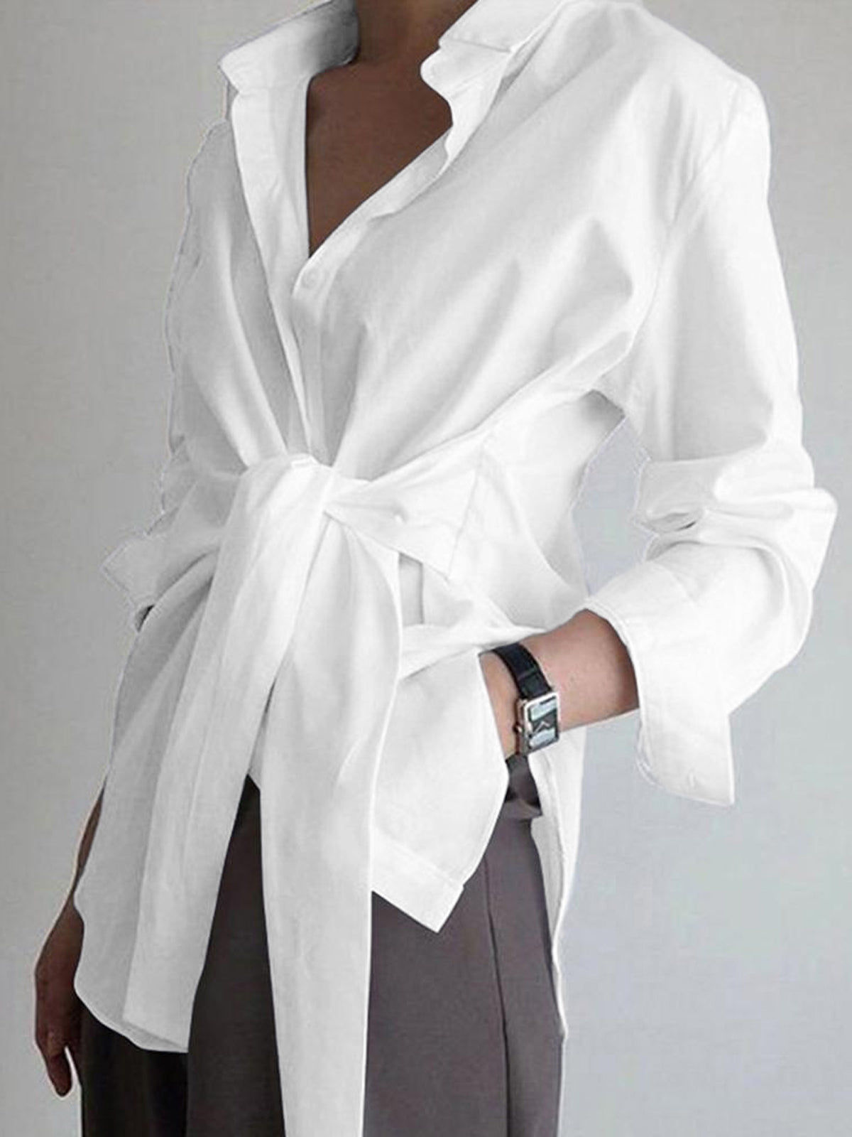 Women's Long Blouse with Knot Waist & Long Sleeves – Elegant Tunic Top for Work & Smart Casual