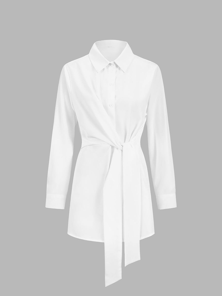 Women's Long Blouse with Knot Waist & Long Sleeves – Elegant Tunic Top for Work & Smart Casual