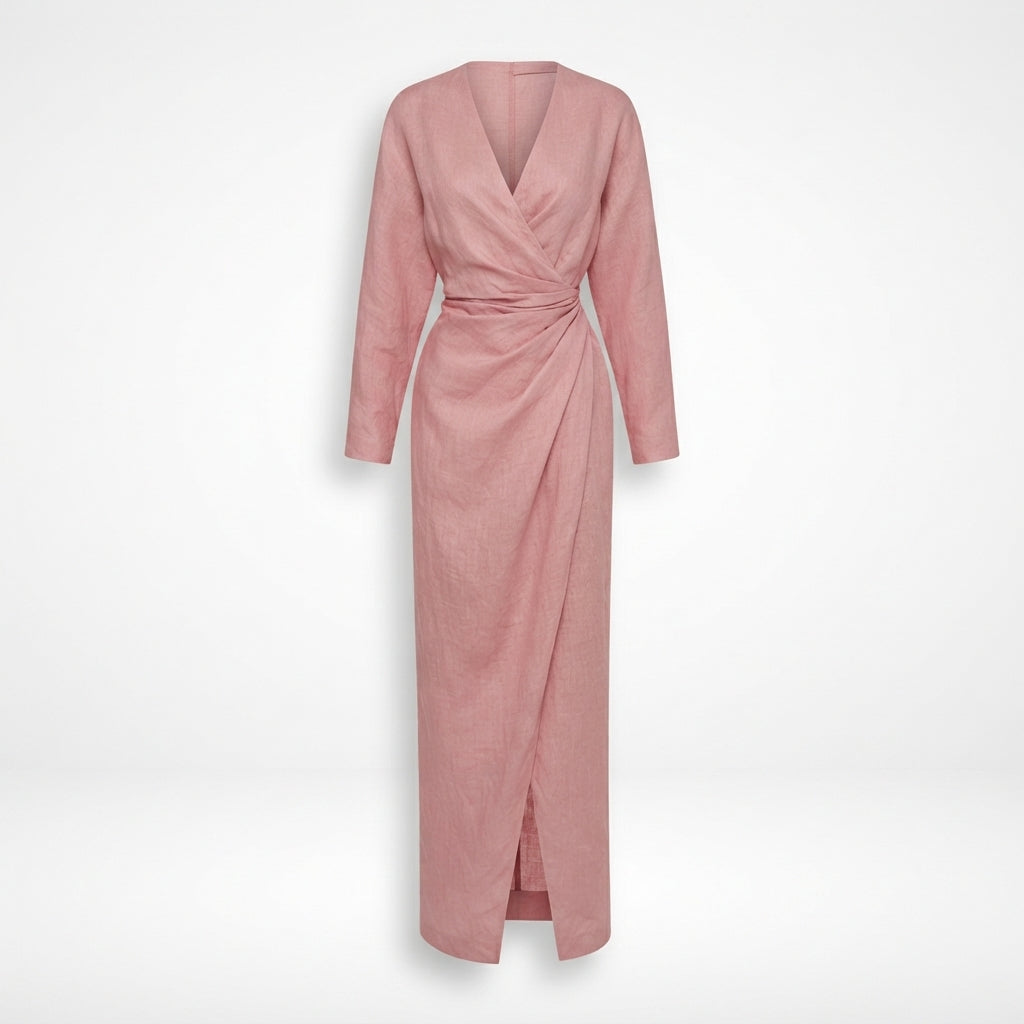 Women's Wrap Maxi Dress with Draped Waist – Linen-Look Wedding Guest & Garden Party Dress