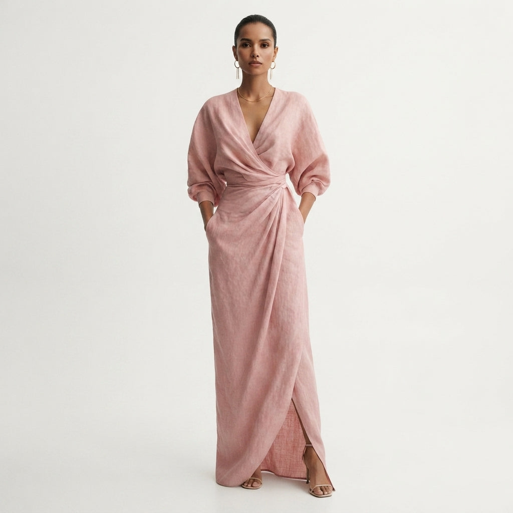 Women's Wrap Maxi Dress with Draped Waist – Linen-Look Wedding Guest & Garden Party Dress
