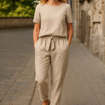 Women's Short Sleeve Top & Tie Waist Pants Co-ord Set – Relaxed Two-Piece for Work & Travel