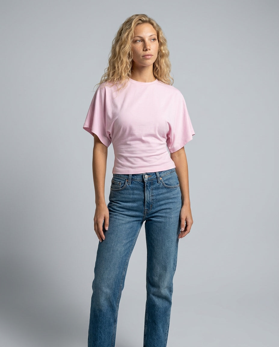 Women's Cropped Ruched Top with Wide Short Sleeves – Round-Neck Relaxed Summer Top