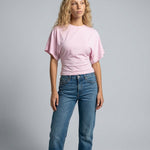 Women's Cropped Ruched Top with Wide Short Sleeves – Round-Neck Relaxed Summer Top