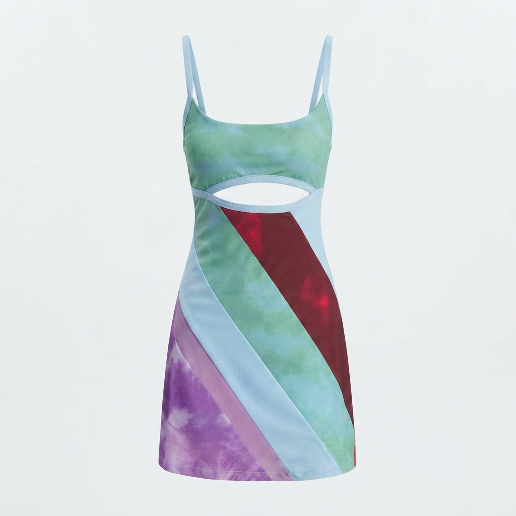 Women's Patchwork Cut-Out Mini Dress – Statement Party Dress for Evenings Out & Celebrations