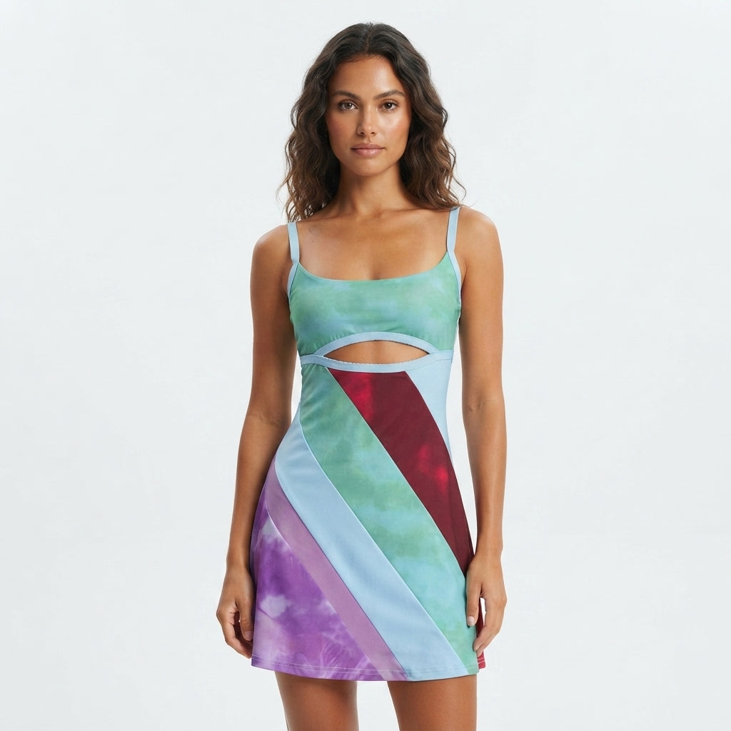Women's Patchwork Cut-Out Mini Dress – Statement Party Dress for Evenings Out & Celebrations