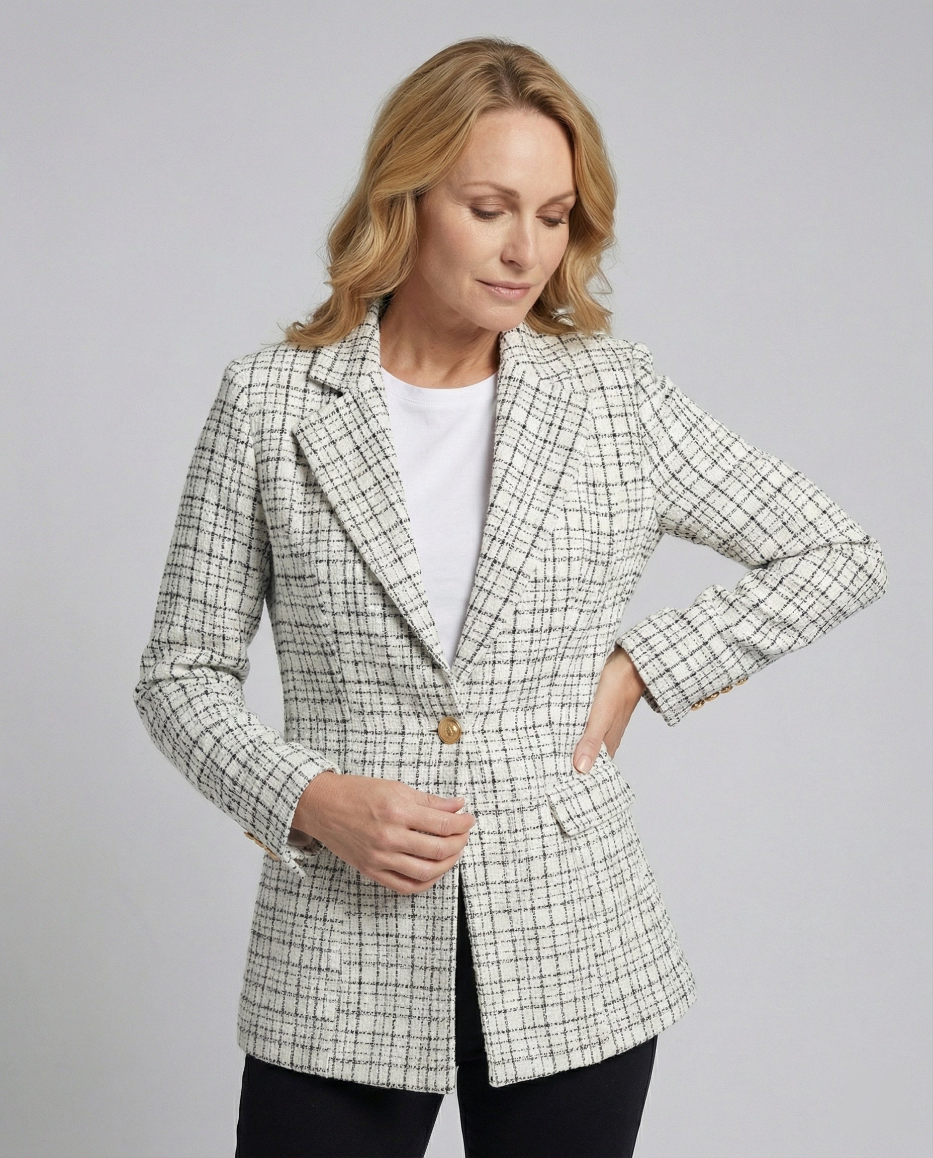 Women's Houndstooth Tailored Blazer – Single Button Notch Lapel Work Jacket