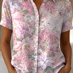 Women's Floral Button-Up Short Sleeve Shirt – Relaxed Casual Summer Shirt