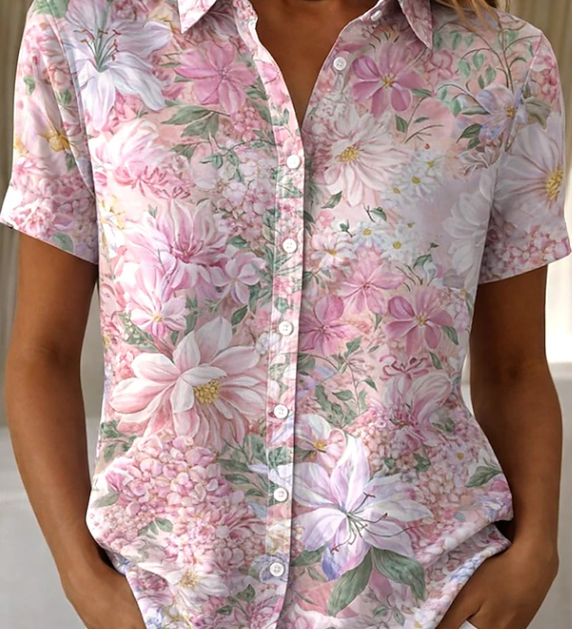 Women's Floral Button-Up Short Sleeve Shirt – Relaxed Casual Summer Shirt