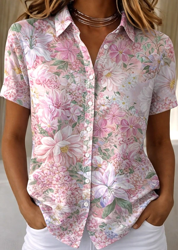 Women's Floral Button-Up Short Sleeve Shirt – Relaxed Casual Summer Shirt