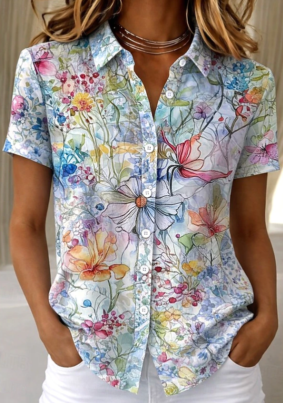 Women's Floral Button-Up Short Sleeve Shirt – Relaxed Casual Summer Shirt