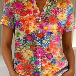 Women's Floral Button-Up Short Sleeve Shirt – Relaxed Casual Summer Shirt