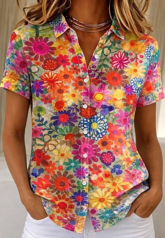 Women's Floral Button-Up Short Sleeve Shirt – Relaxed Casual Summer Shirt