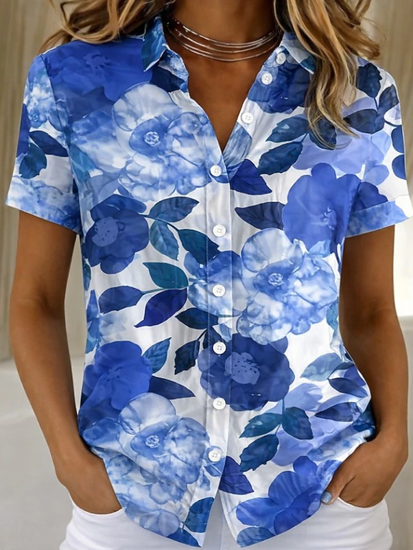 Women's Floral Button-Up Short Sleeve Shirt – Relaxed Casual Summer Shirt