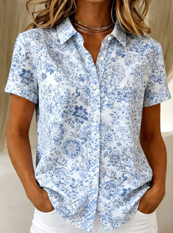 Women's Floral Button-Up Short Sleeve Shirt – Relaxed Casual Summer Shirt