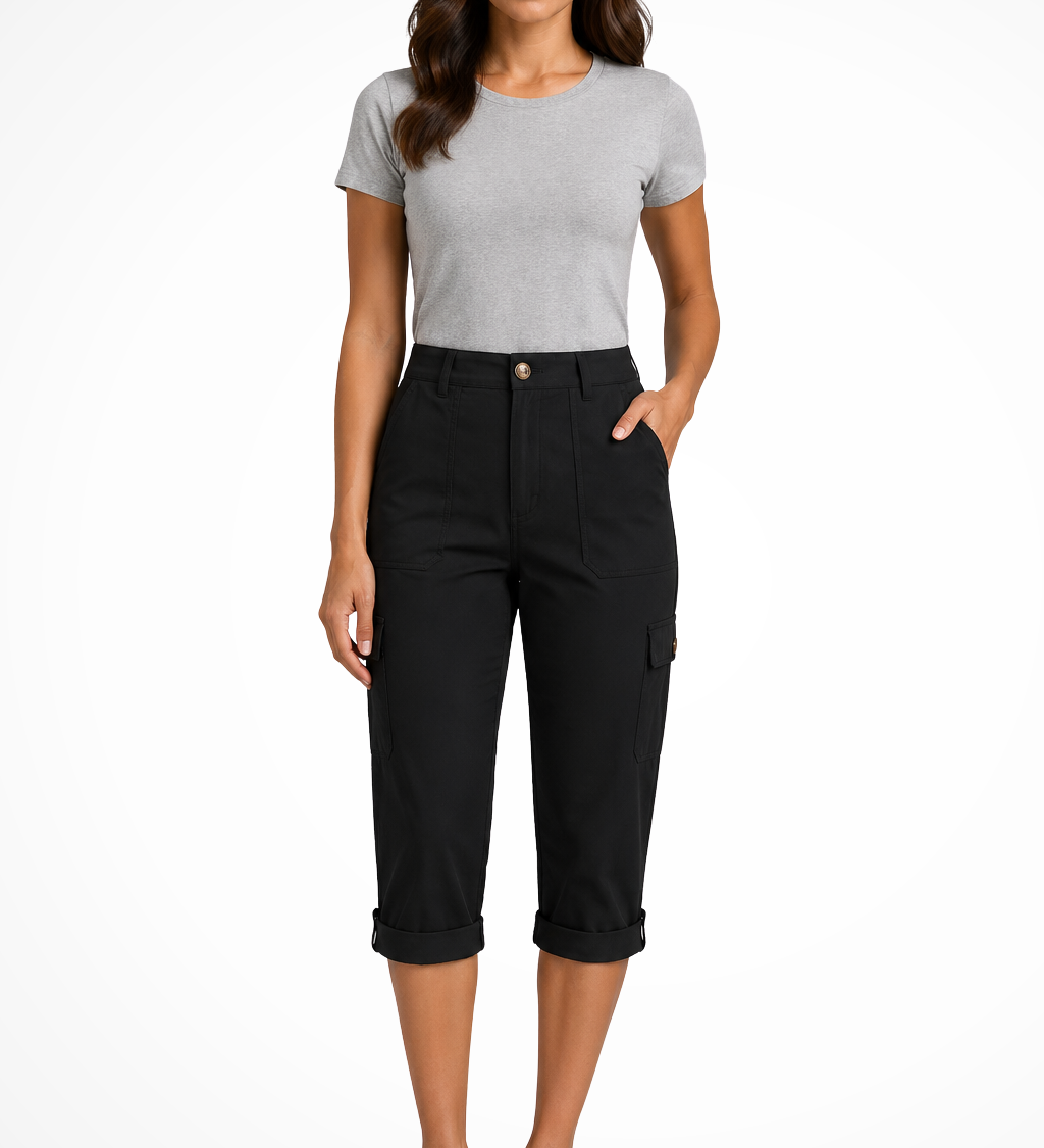 Women's Cropped Cargo Pants with Utility Pockets – Mid-Rise Relaxed Capri Pants