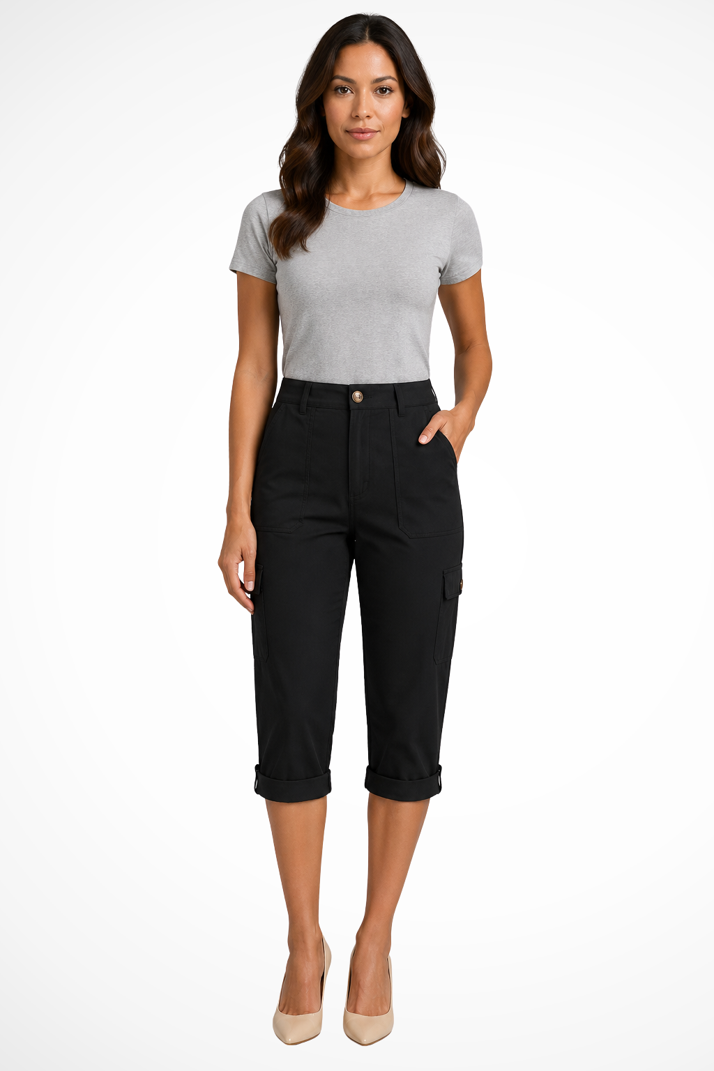 Women's Cropped Cargo Pants with Utility Pockets – Mid-Rise Relaxed Capri Pants