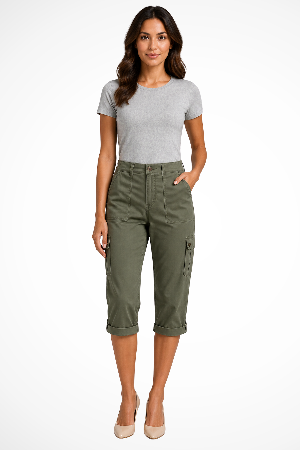 Women's Cropped Cargo Pants with Utility Pockets – Mid-Rise Relaxed Capri Pants
