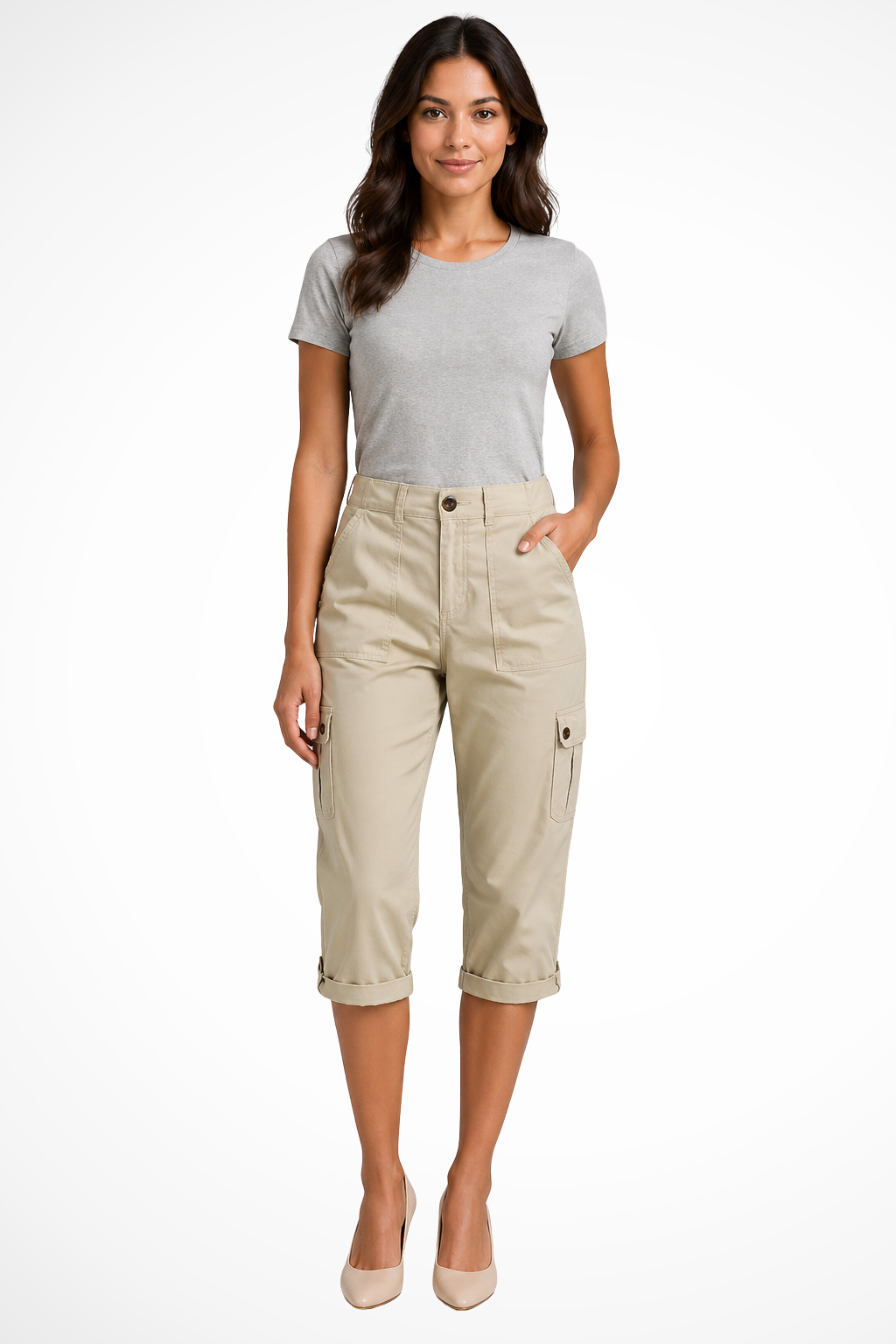 Women's Cropped Cargo Pants with Utility Pockets – Mid-Rise Relaxed Capri Pants