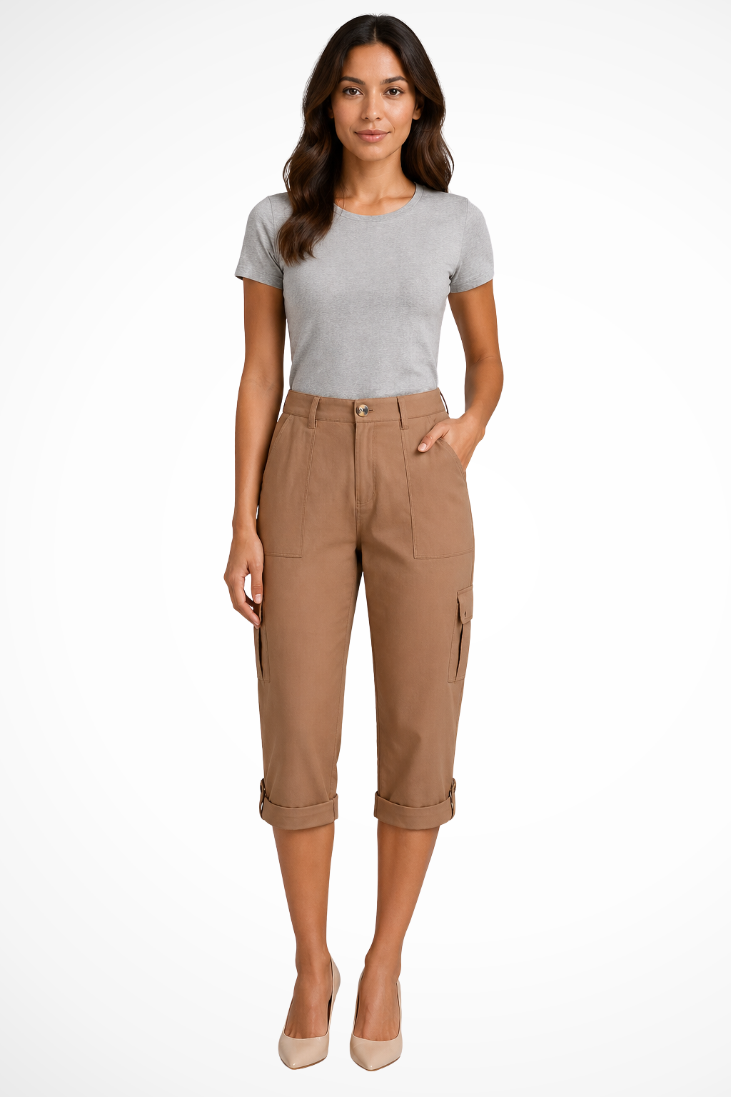 Women's Cropped Cargo Pants with Utility Pockets – Mid-Rise Relaxed Capri Pants
