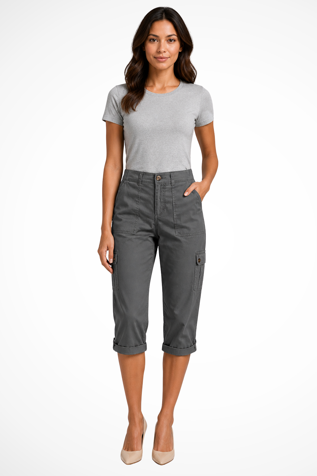 Women's Cropped Cargo Pants with Utility Pockets – Mid-Rise Relaxed Capri Pants