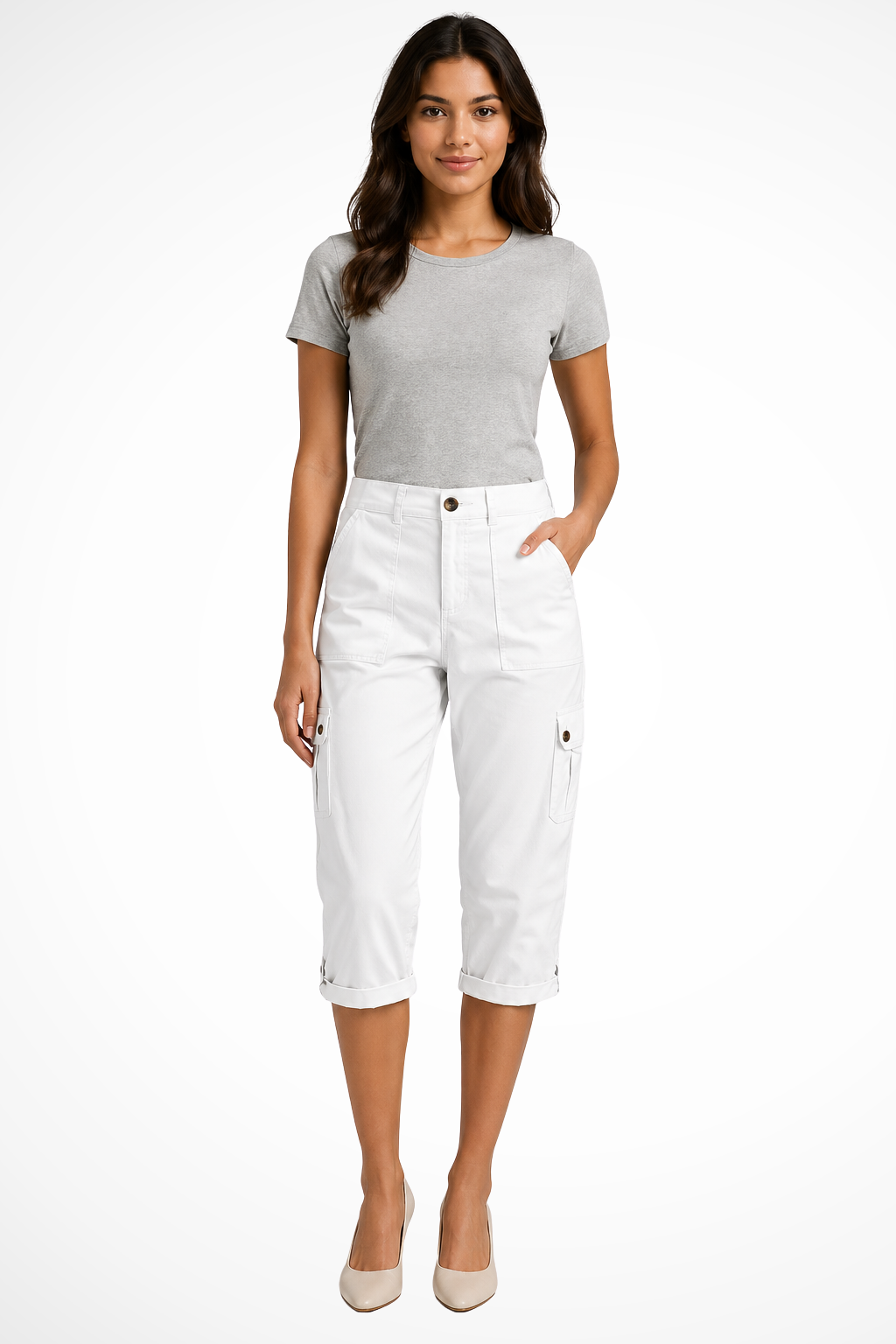 Women's Cropped Cargo Pants with Utility Pockets – Mid-Rise Relaxed Capri Pants