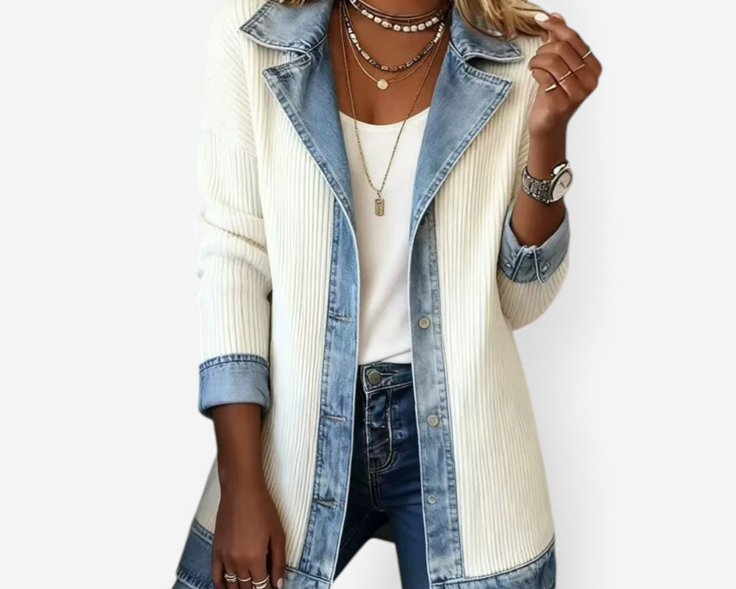 Women's Knit and Denim Hybrid Jacket with Notched Lapel – Button-Front Spring Layer
