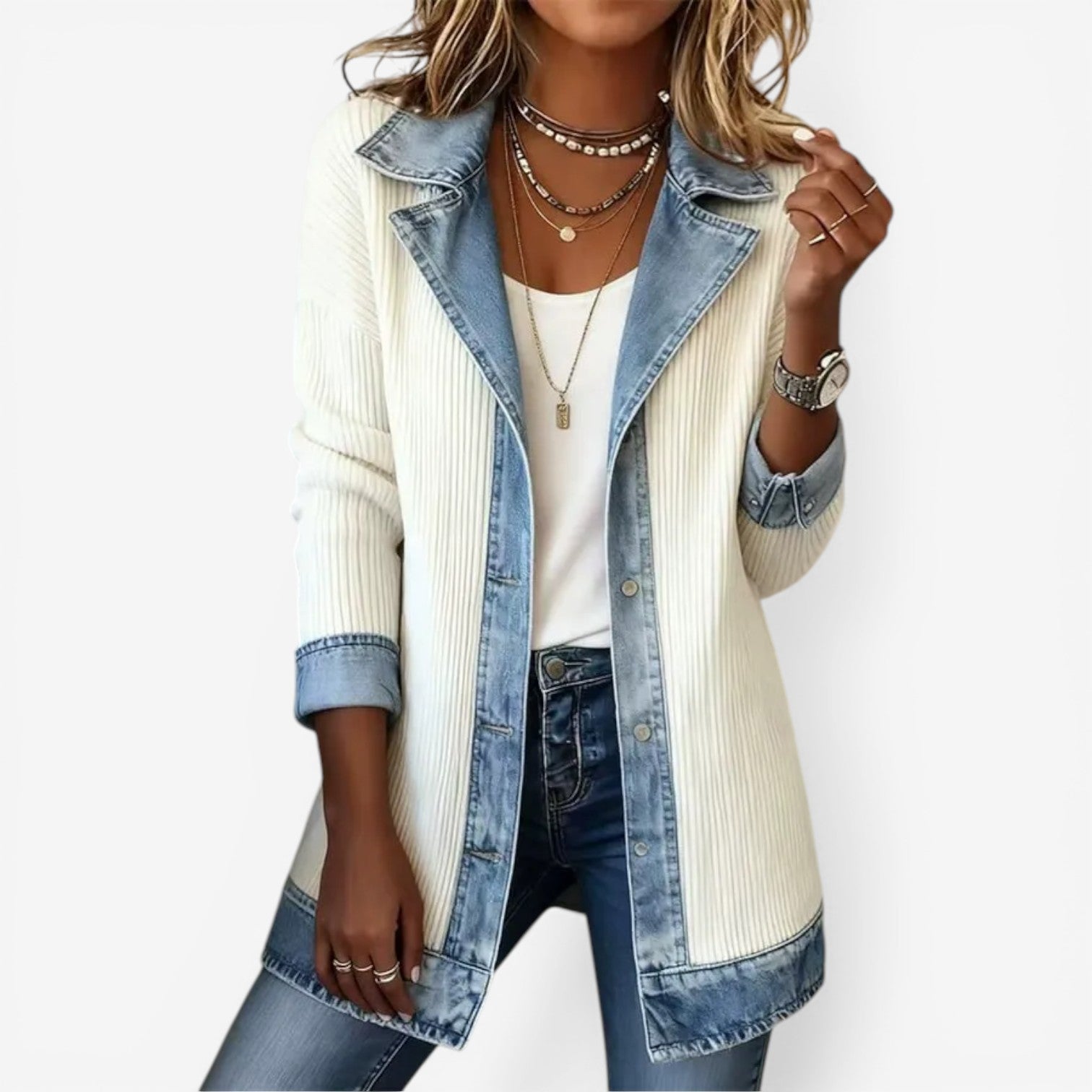 Women's Knit and Denim Hybrid Jacket with Notched Lapel – Button-Front Spring Layer