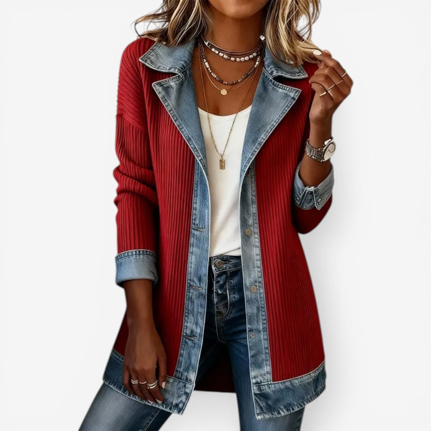 Women's Knit and Denim Hybrid Jacket with Notched Lapel – Button-Front Spring Layer