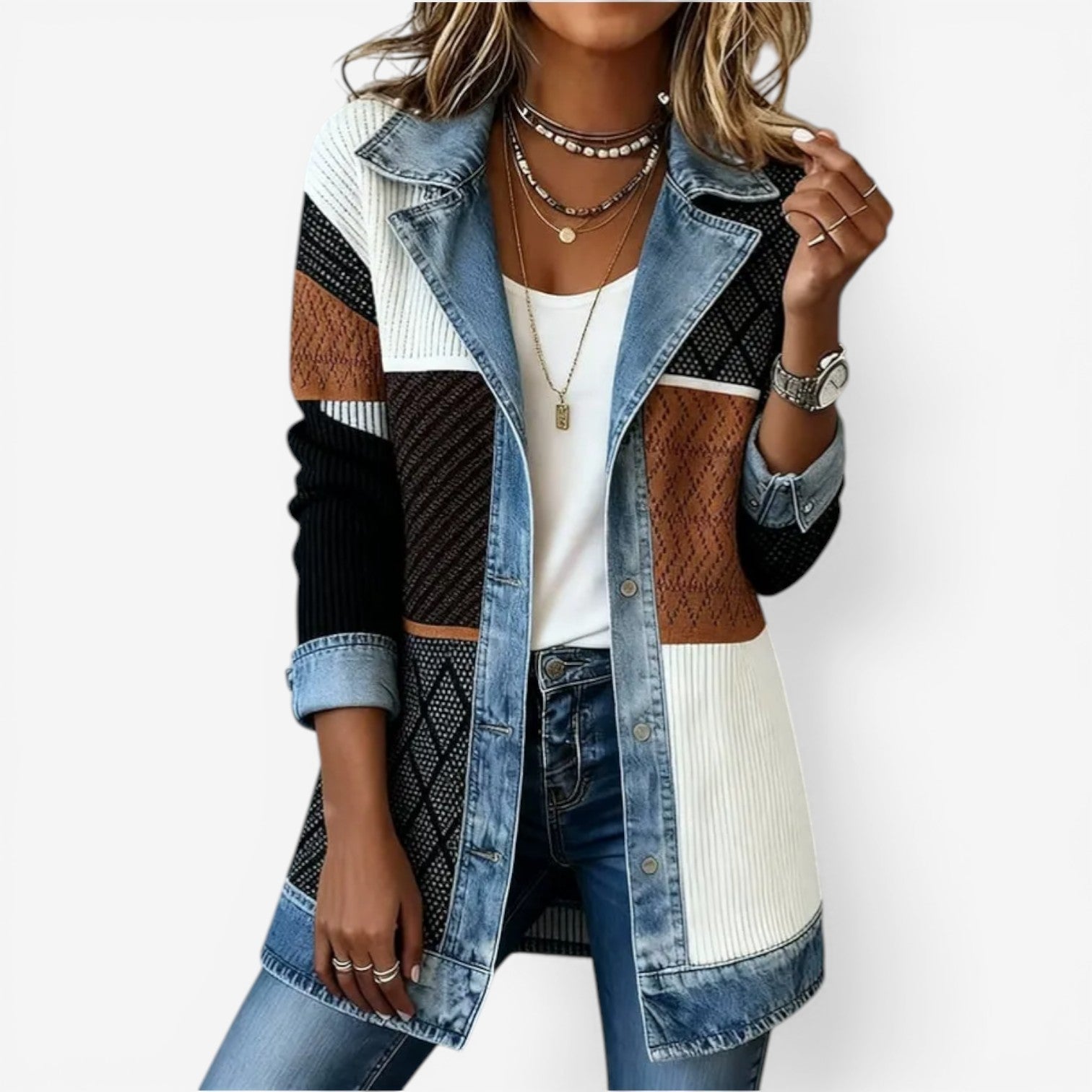 Women's Knit and Denim Hybrid Jacket with Notched Lapel – Button-Front Spring Layer