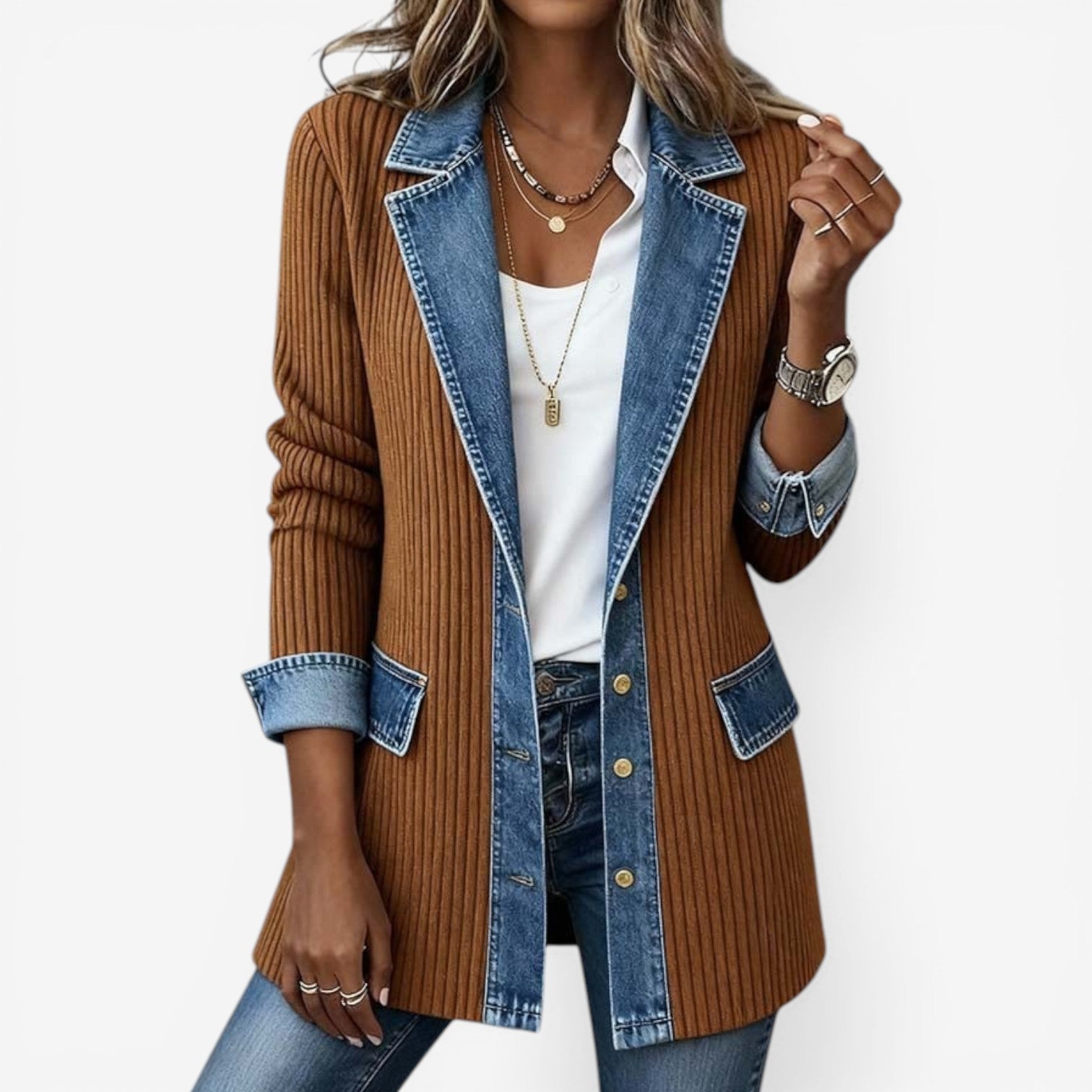 Women's Knit and Denim Hybrid Jacket with Notched Lapel – Button-Front Spring Layer