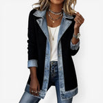 Women's Knit and Denim Hybrid Jacket with Notched Lapel – Button-Front Spring Layer